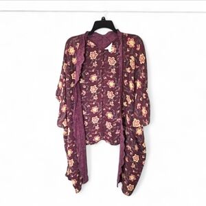 Floral Boho Duster Cardigan Crochet Trim M/L Open Front Lightweight Layer